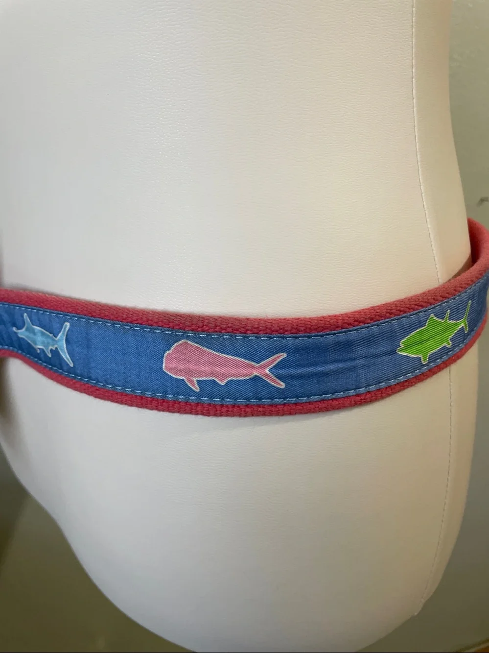 Shark Canvas Leather Trim Belt Blue Fishing Preppy Sz 42 Golf Vineyard Vines